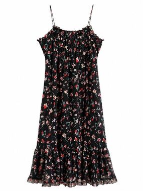 Madewell Pintuck Cami Ruffle-Hem Maxi Dress Metallic Floral Black 16 NWT